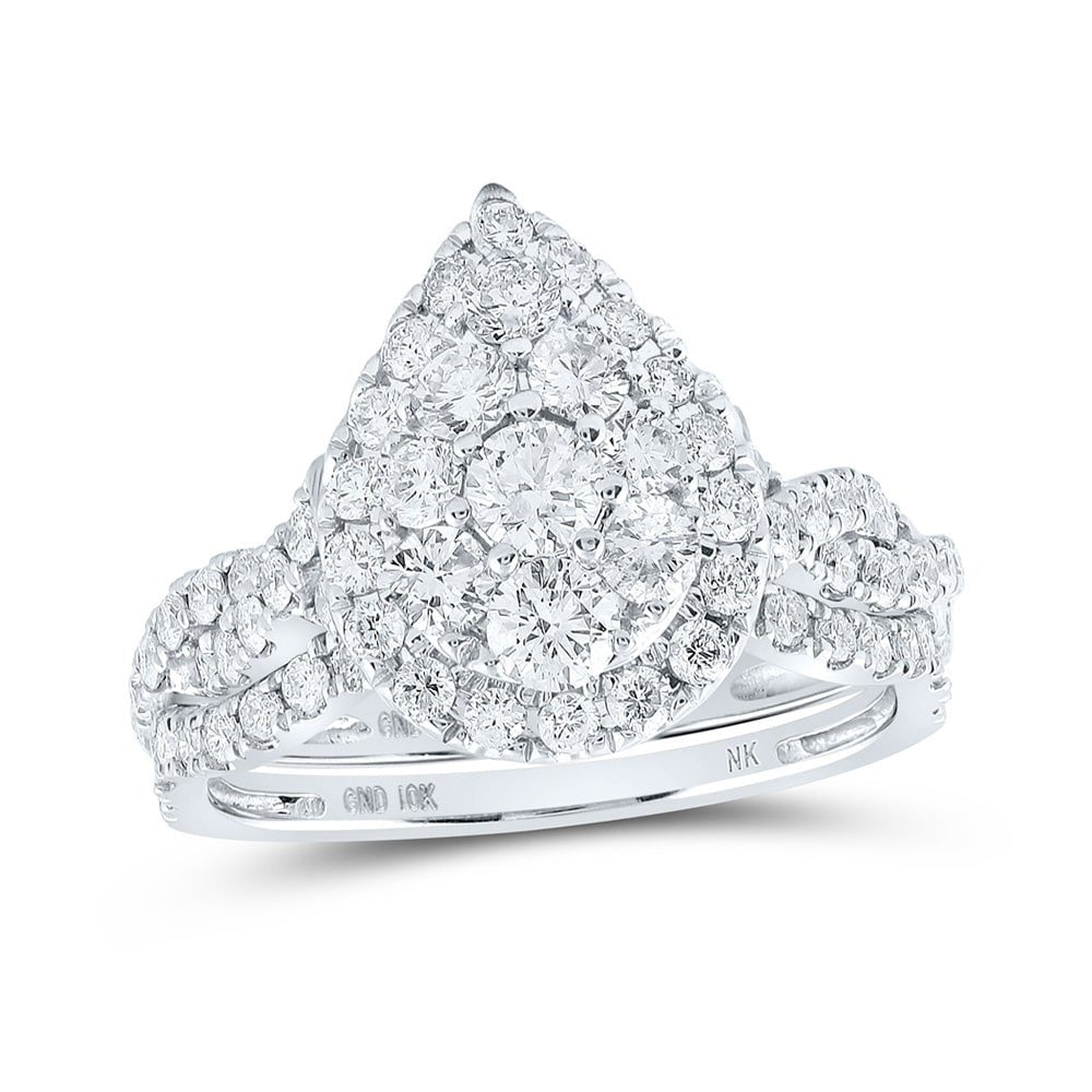 GND Diamond Bridal Ring Set 10kt White Gold Round Diamond Teardrop Bridal Wedding Ring Band Set 1-1/2 Cttw