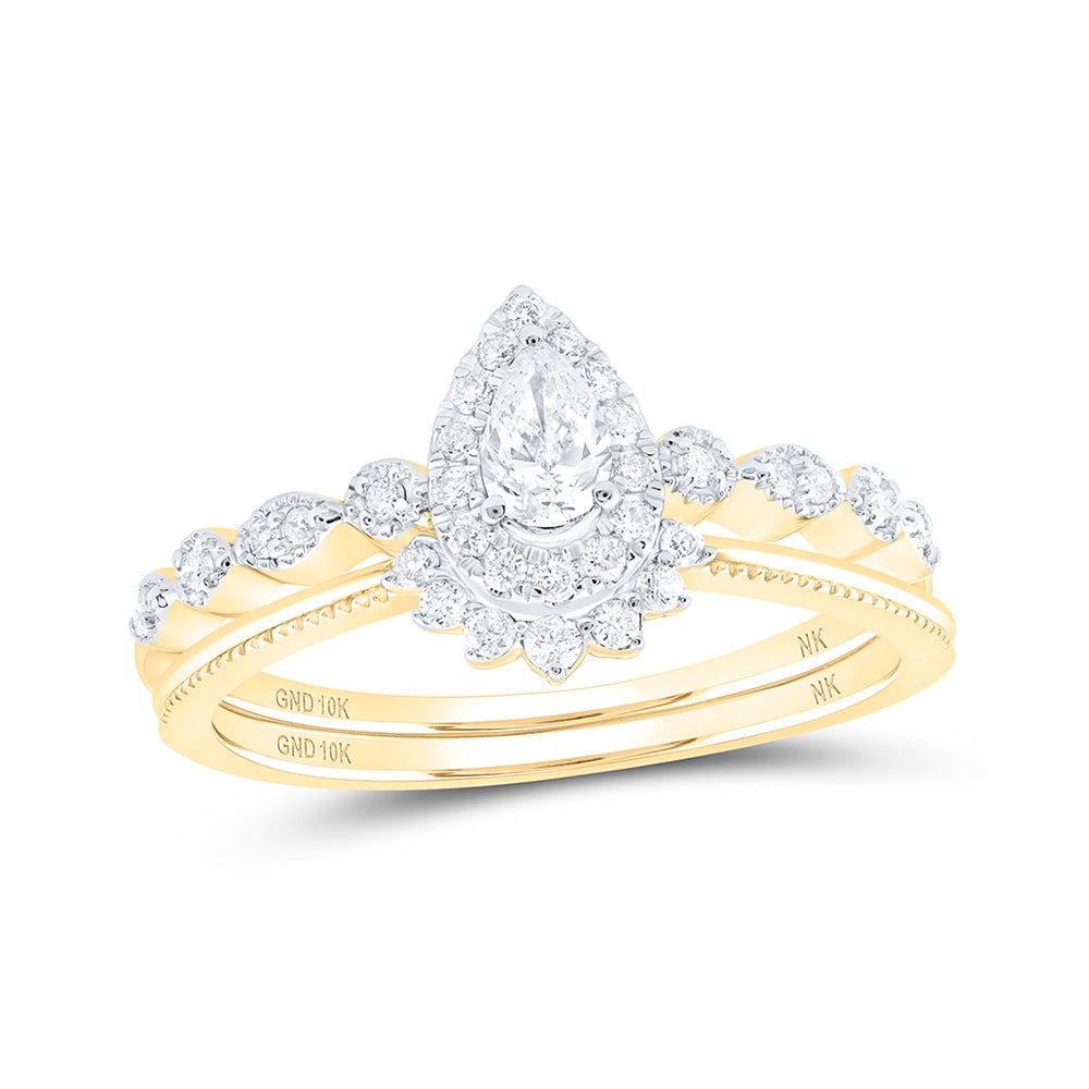 GND Diamond Bridal Ring Set 10kt Yellow Gold Pear Diamond Halo Bridal Wedding Ring Band Set 3/8 Cttw