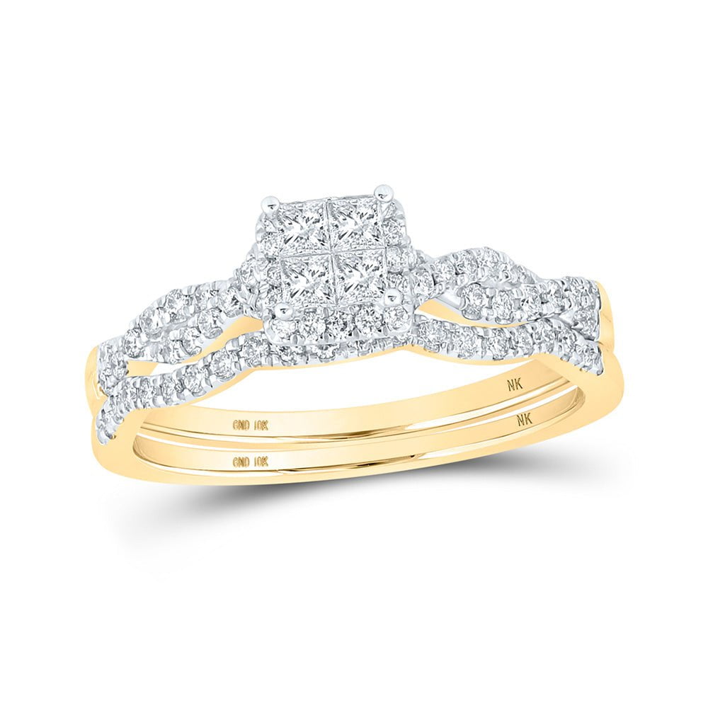 GND Diamond Bridal Ring Set 10kt Yellow Gold Princess Diamond Bridal Wedding Ring Band Set 1/2 Cttw