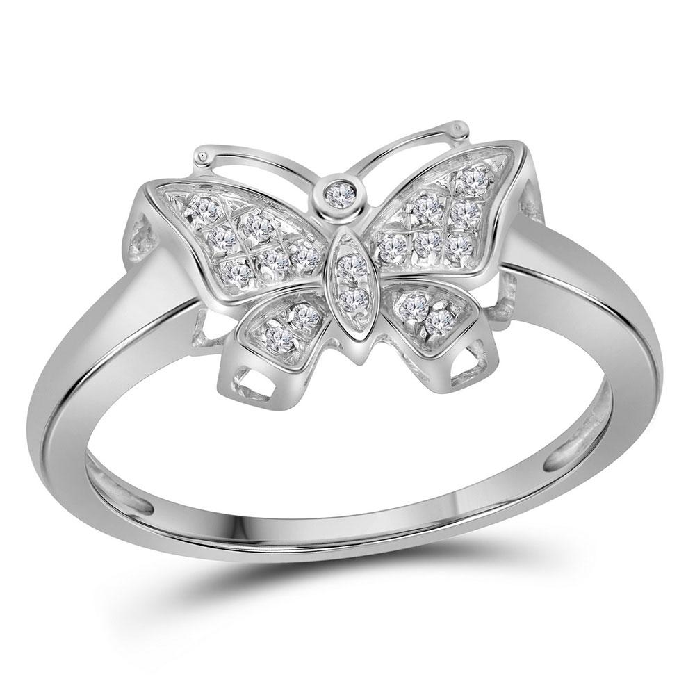 GND Diamond Butterfly Ring 10kt White Gold Womens Round Diamond Butterfly Bug Ring 1/20 Cttw