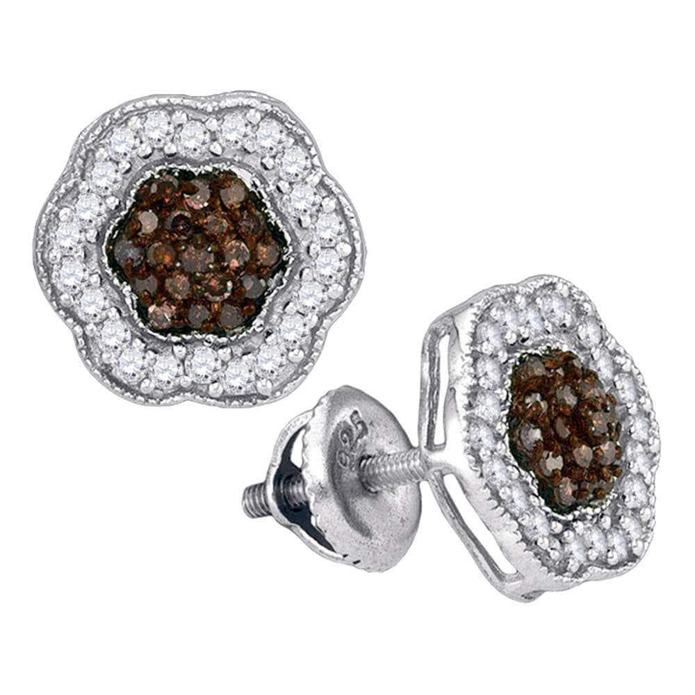 GND Diamond Cluster Earring 10kt White Gold Womens Round Brown Diamond Polygon Cluster Earrings 1/2 Cttw