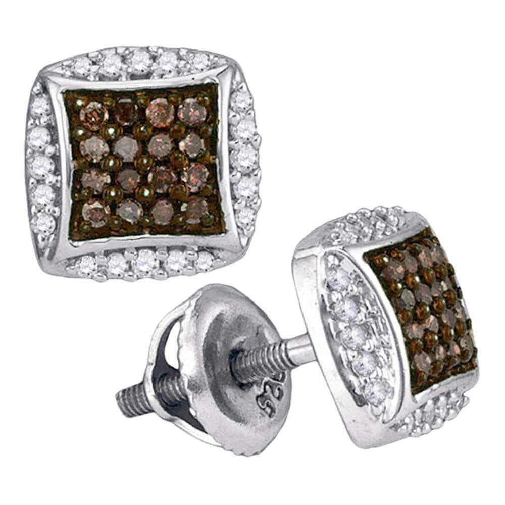 GND Diamond Cluster Earring 10kt White Gold Womens Round Brown Diamond Square Cluster Earrings 1/3 Cttw