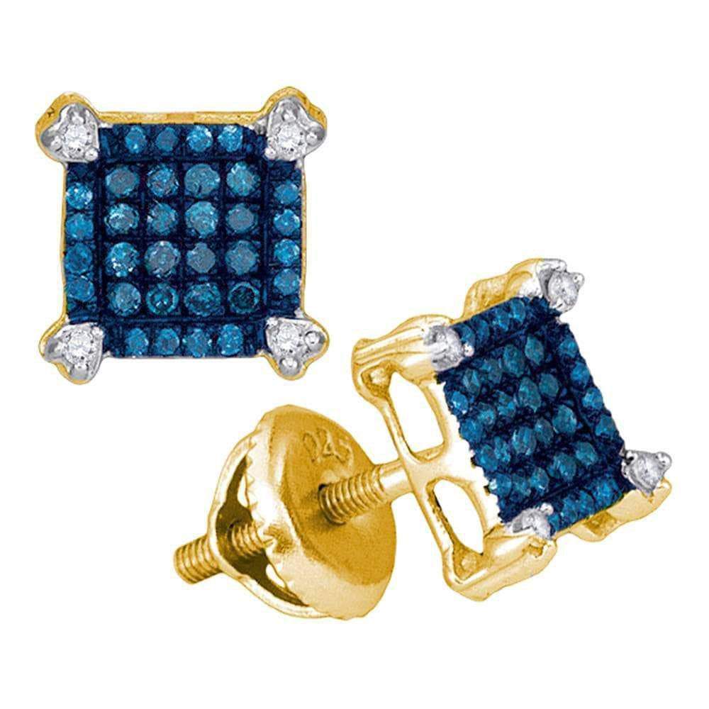 GND Diamond Cluster Earring 10kt Yellow Gold Womens Round Blue Color Enhanced Diamond Square Cluster Earrings 1/4 Cttw