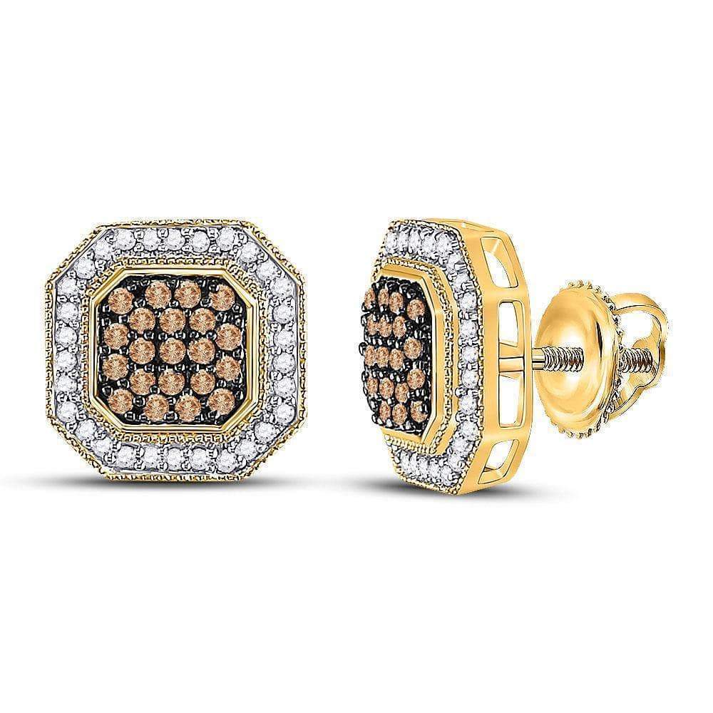 GND Diamond Cluster Earring 10kt Yellow Gold Womens Round Brown Diamond Octagon Cluster Earrings 1/2 Cttw