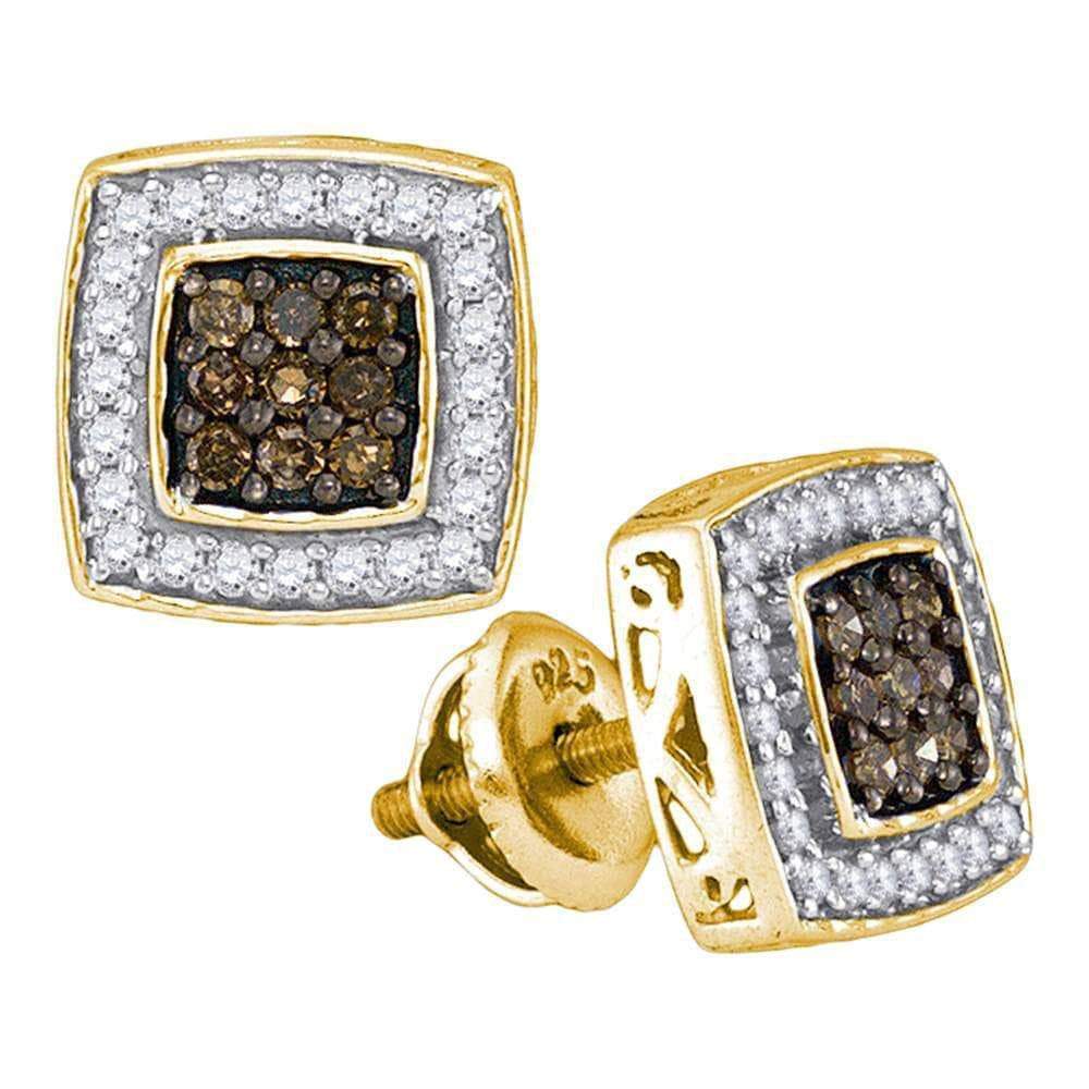 GND Diamond Cluster Earring 10kt Yellow Gold Womens Round Brown Diamond Square Cluster Earrings 1/2 Cttw