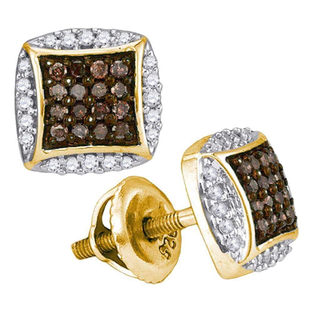 GND Diamond Cluster Earring 10kt Yellow Gold Womens Round Brown Diamond Square Cluster Earrings 1/3 Cttw
