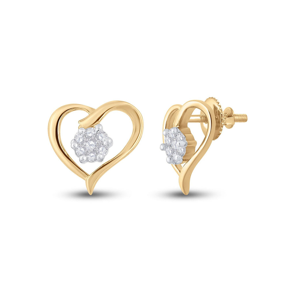 GND Diamond Cluster Earring 10kt Yellow Gold Womens Round Diamond Heart Earrings 1/6 Cttw