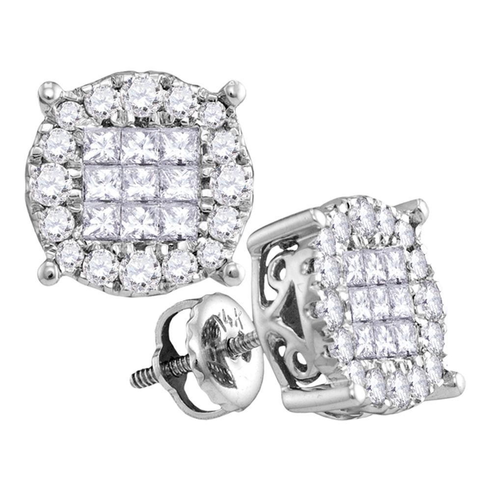 GND Diamond Cluster Earring 14kt White Gold Womens Princess Diamond Cluster Earrings 1/2 Cttw