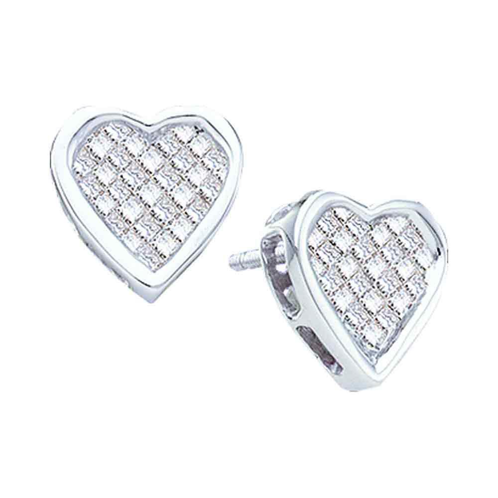GND Diamond Cluster Earring 14kt White Gold Womens Princess Diamond Cluster Heart Stud Earrings 1/2 Cttw