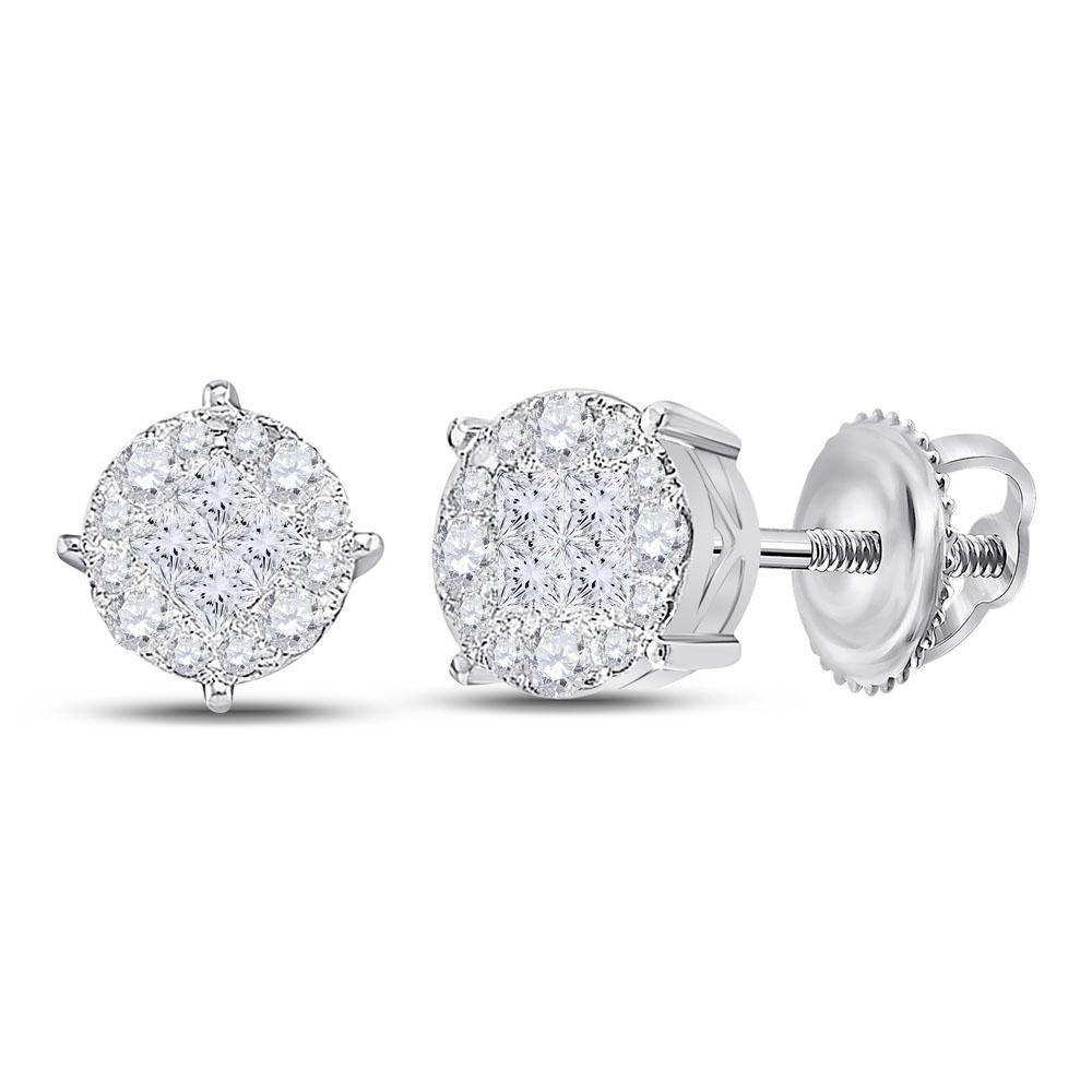 GND Diamond Cluster Earring 14kt White Gold Womens Princess Diamond Fashion Cluster Earrings 1-1/2 Cttw