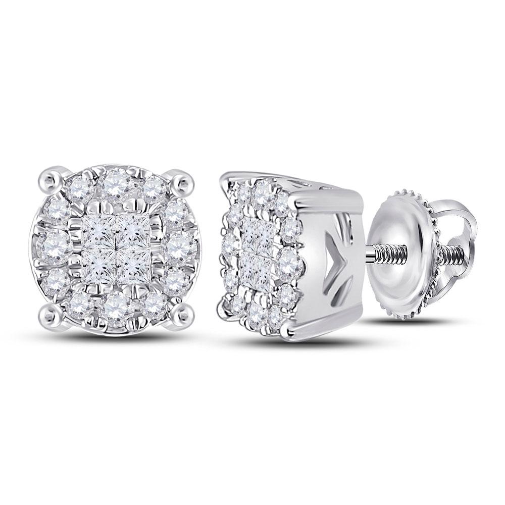 GND Diamond Cluster Earring 14kt White Gold Womens Princess Diamond Fashion Cluster Earrings 1/4 Cttw