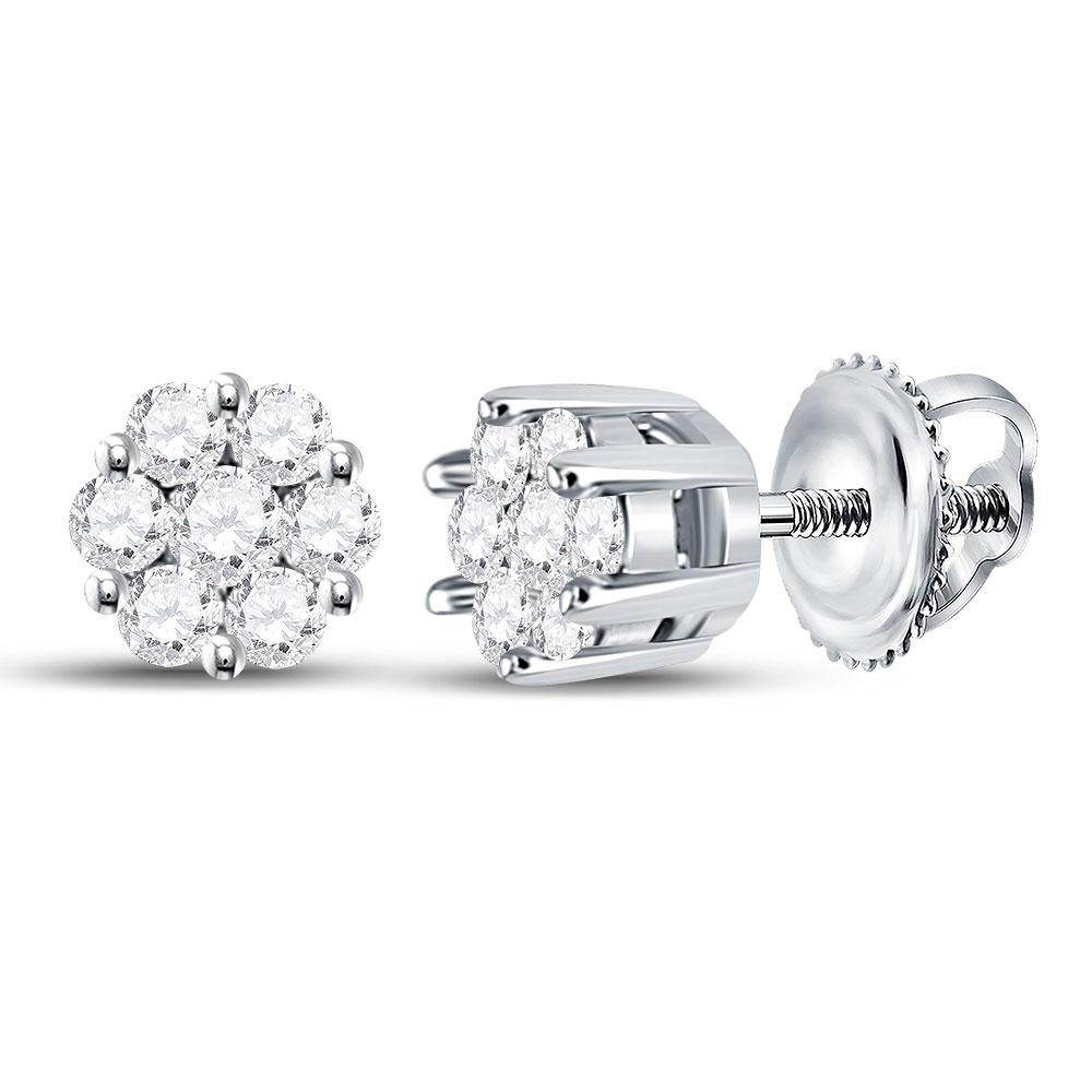 GND Diamond Cluster Earring 14kt White Gold Womens Round Diamond Flower Cluster Earrings 1/4 Cttw