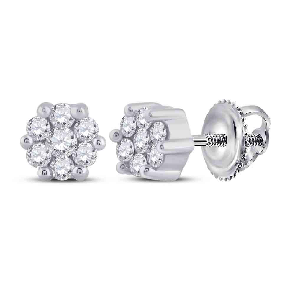 GND Diamond Cluster Earring 14kt White Gold Womens Round Diamond Flower Cluster Earrings 1/6 Cttw