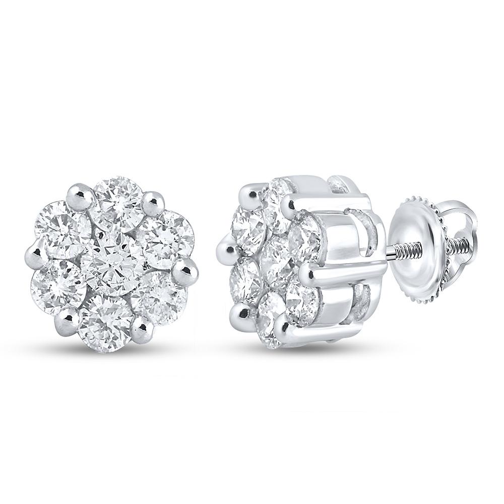 GND Diamond Cluster Earring 14kt White Gold Womens Round Diamond Flower Cluster Earrings 2 Cttw