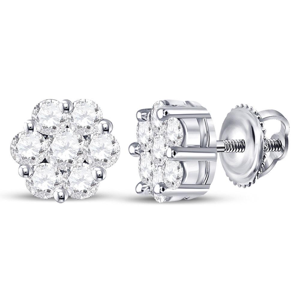 GND Diamond Cluster Earring 14kt White Gold Womens Round Diamond Flower Cluster Earrings 3/4 Cttw