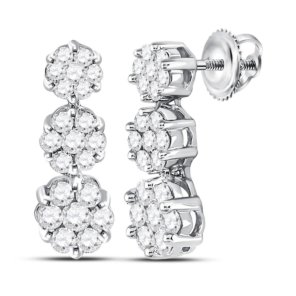 GND Diamond Cluster Earring 14kt White Gold Womens Round Diamond Triple Vertical Flower Cluster Earrings 1 Cttw