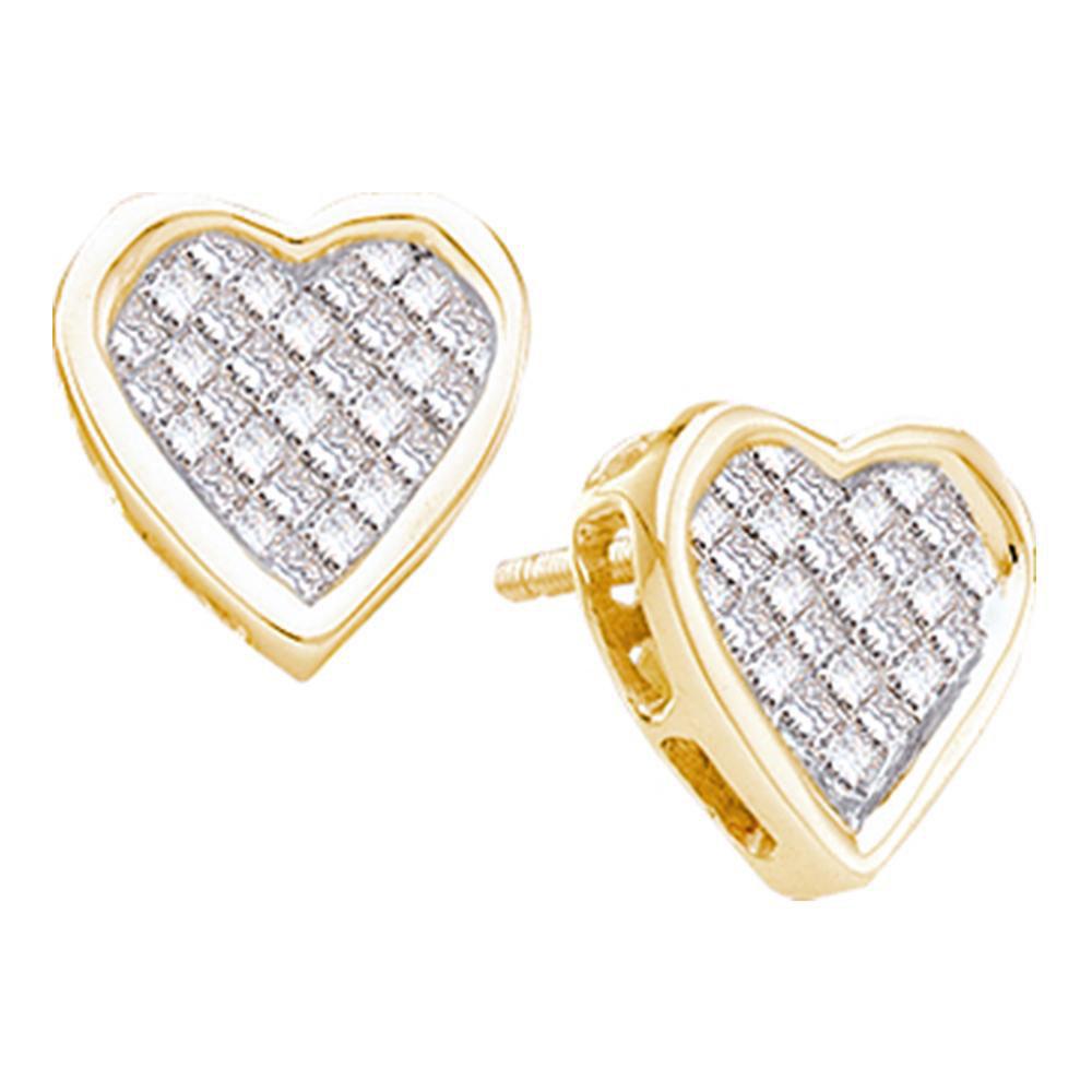 GND Diamond Cluster Earring 14kt Yellow Gold Womens Princess Diamond Cluster Heart Stud Earrings 1/2 Cttw