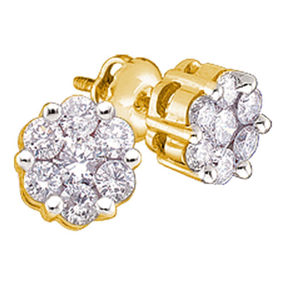 GND Diamond Cluster Earring 14kt Yellow Gold Womens Round Diamond Flower Cluster Stud Earrings 1 Cttw