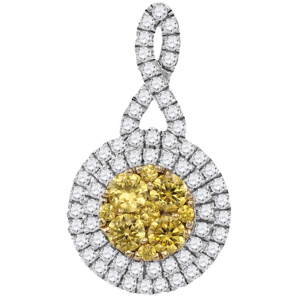 GND Diamond Cluster Pendant 14kt White Gold Womens Round Yellow Diamond Concentric Circle Frame Cluster Pendant 1 Cttw