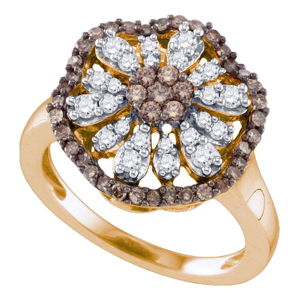 GND Diamond Cluster Ring 10k Rose Gold Womens Brown Round Diamond Flower Cluster Ring 3/4 Cttw