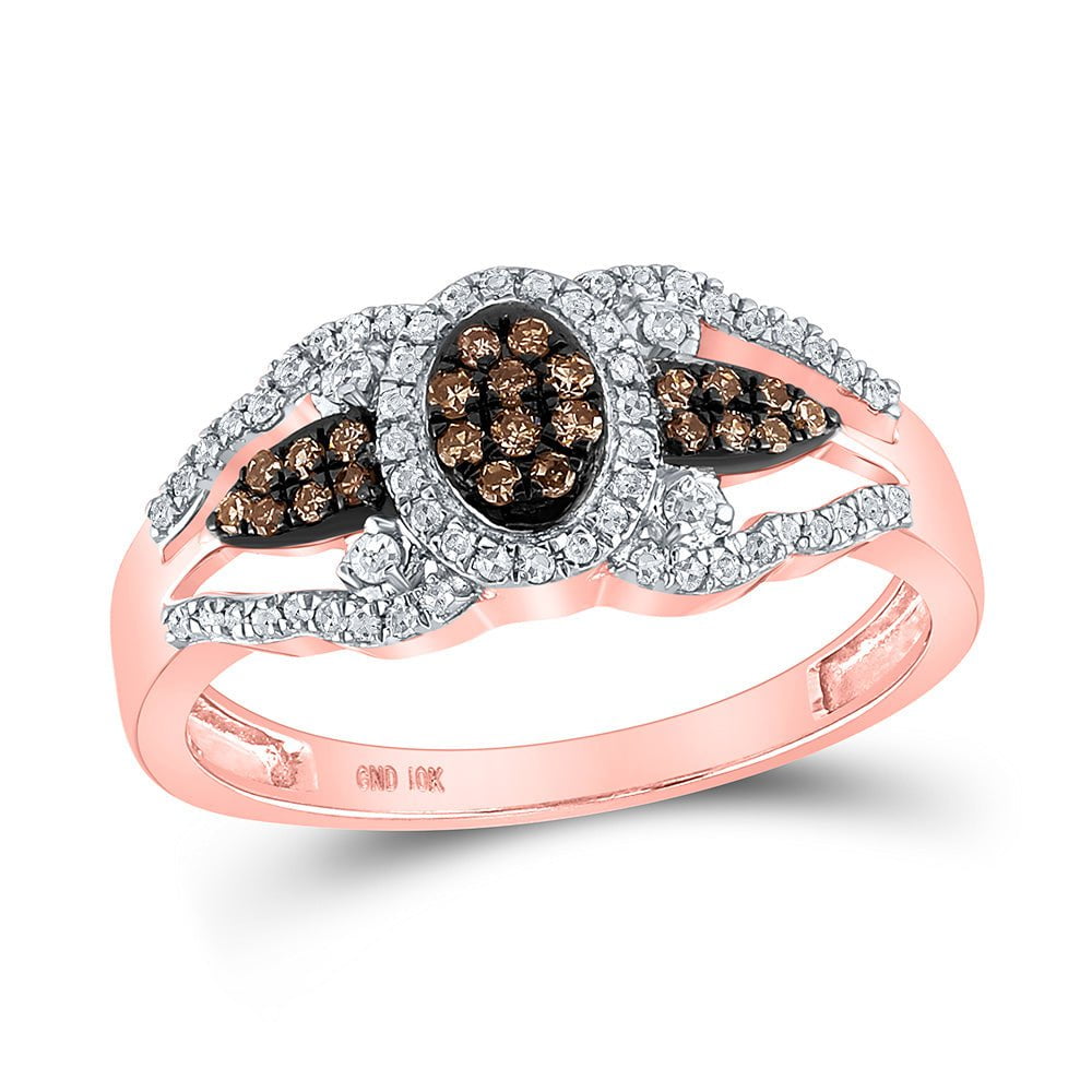 GND Diamond Cluster Ring 10kt Rose Gold Womens Round Brown Diamond Oval Cluster Ring 1/3 Cttw