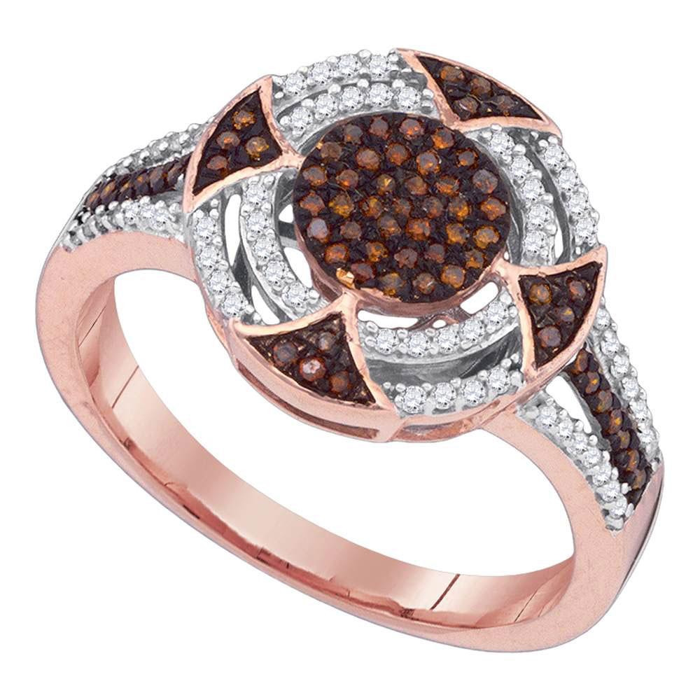 GND Diamond Cluster Ring 10kt Rose Gold Womens Round Red Color Enhanced Diamond Circle Cluster Ring 1/3 Cttw