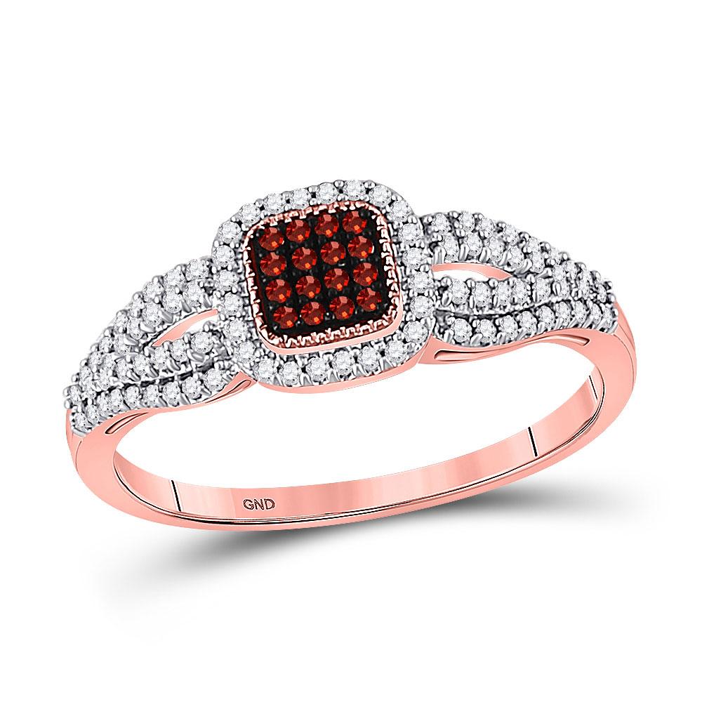 GND Diamond Cluster Ring 10kt Rose Gold Womens Round Red Color Enhanced Diamond Square Cluster Ring 1/4 Cttw