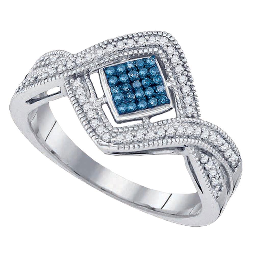 GND Diamond Cluster Ring 10kt White Gold Womens Round Blue Color Enhanced Diamond Square Frame Cluster Ring 1/6 Cttw