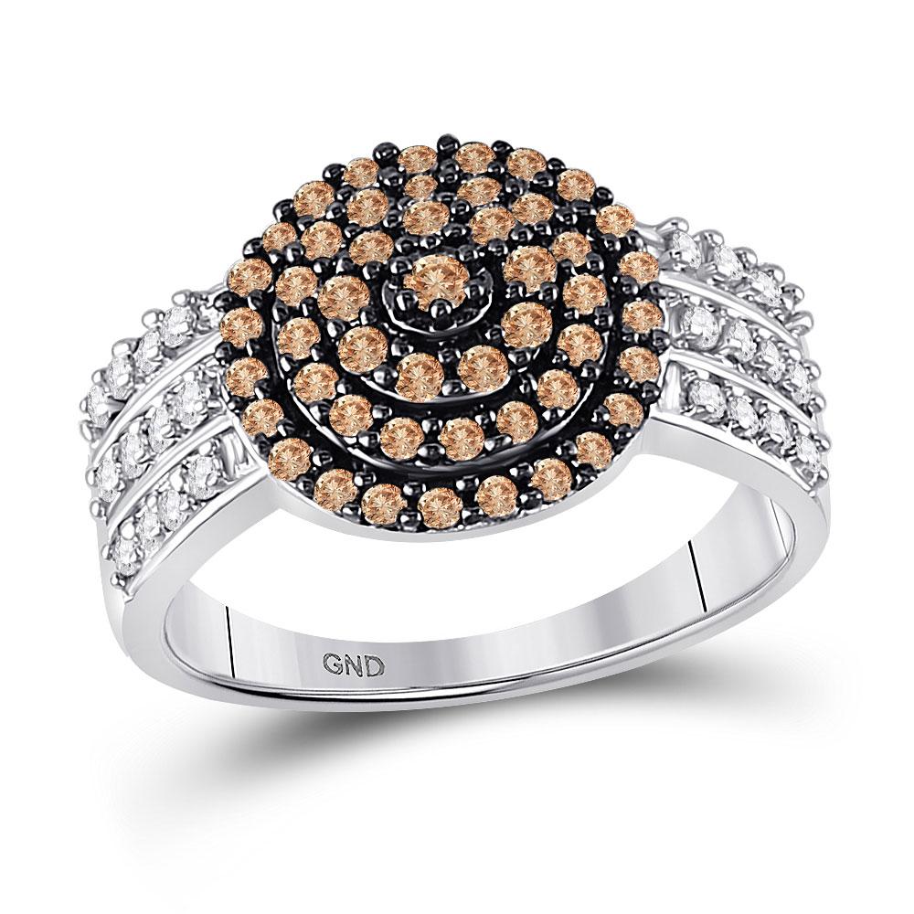 GND Diamond Cluster Ring 10kt White Gold Womens Round Brown Diamond Concentric Cluster Ring 3/4 Cttw