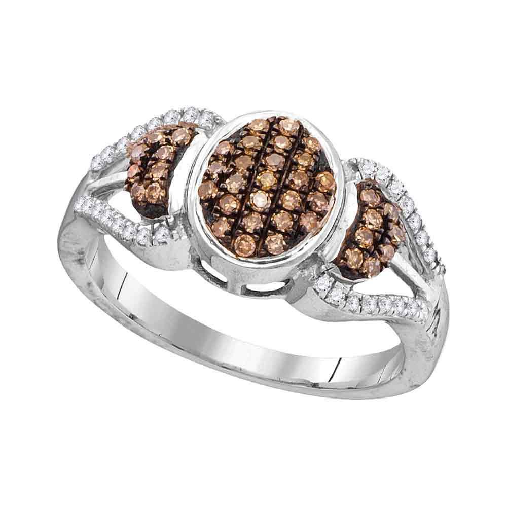 GND Diamond Cluster Ring 10kt White Gold Womens Round Brown Diamond Oval Cluster Ring 1/3 Cttw