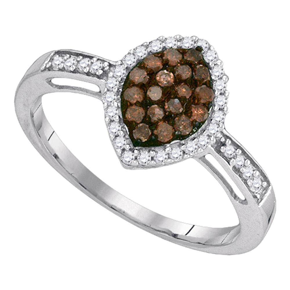 GND Diamond Cluster Ring 10kt White Gold Womens Round Brown Diamond Oval Frame Cluster Ring 1/3 Cttw