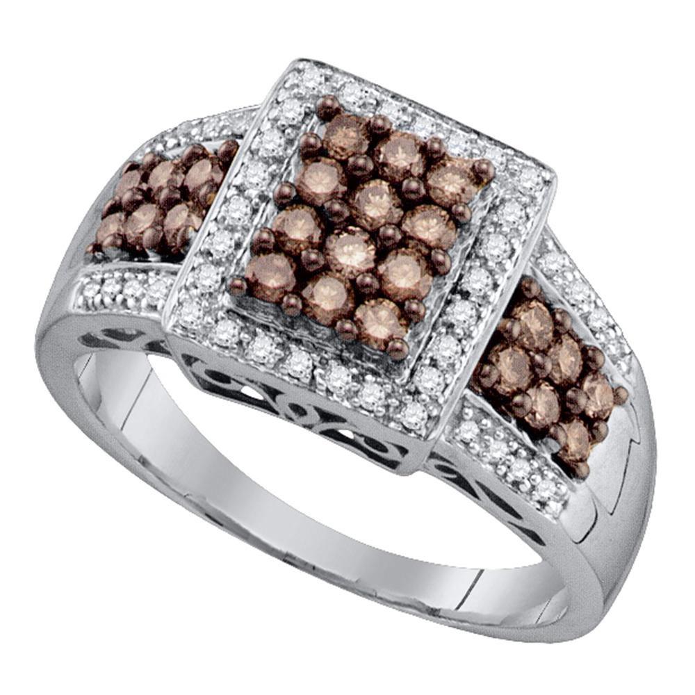 GND Diamond Cluster Ring 10kt White Gold Womens Round Brown Diamond Square Cluster Ring 5/8 Cttw