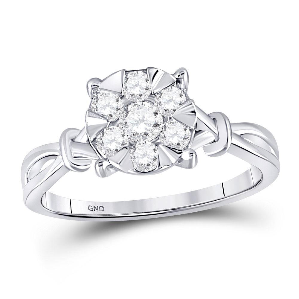 GND Diamond Cluster Ring 10kt White Gold Womens Round Diamond Twist Flower Cluster Ring 1/2 Cttw