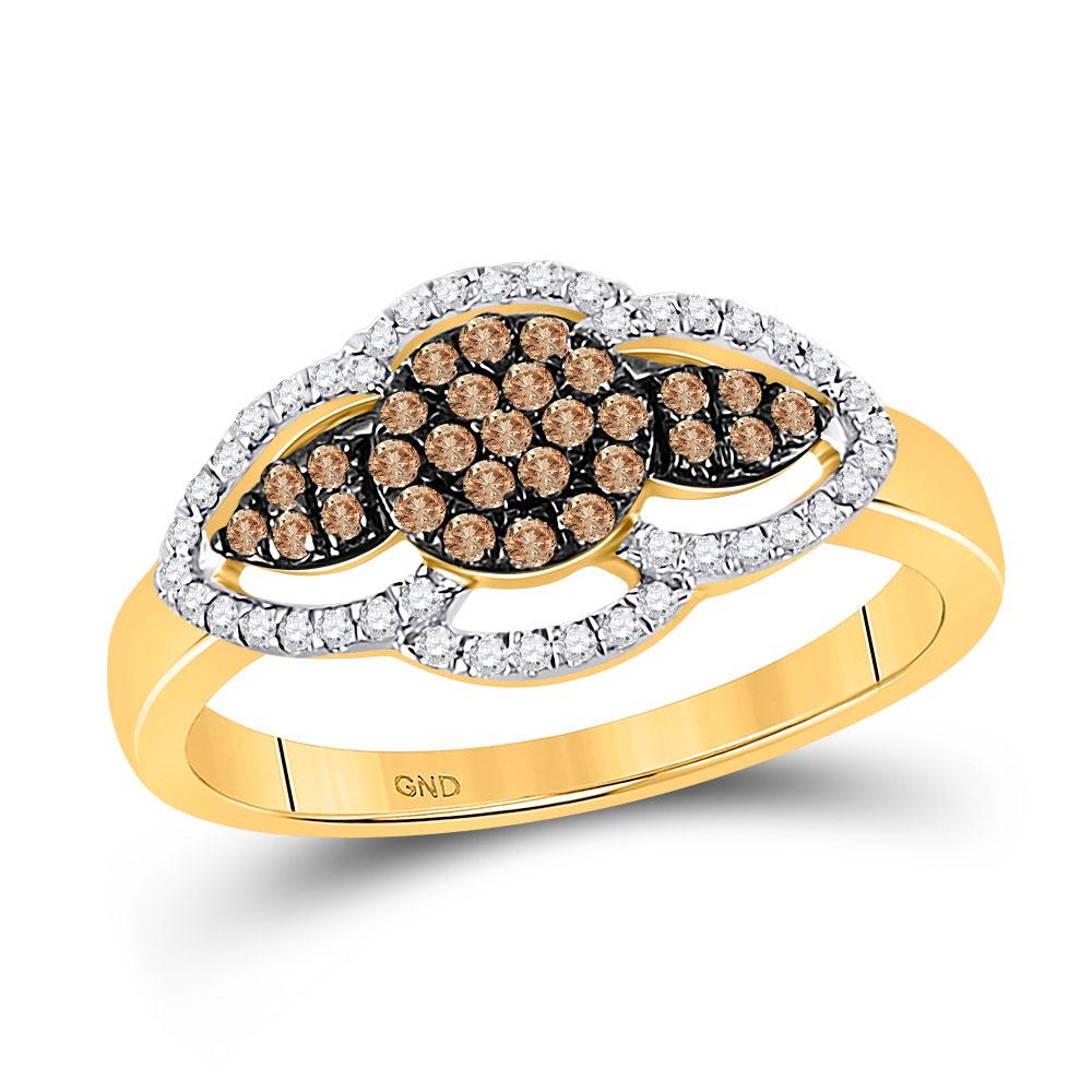 GND Diamond Cluster Ring 10kt Yellow Gold Womens Round Brown Diamond Cluster Ring 1/3 Cttw