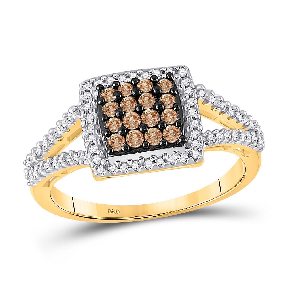 GND Diamond Cluster Ring 10kt Yellow Gold Womens Round Brown Diamond Square Cluster Ring 1/2 Cttw