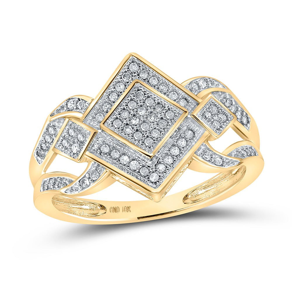 GND Diamond Cluster Ring 10kt Yellow Gold Womens Round Diamond Offset Square Ring 1/5 Cttw