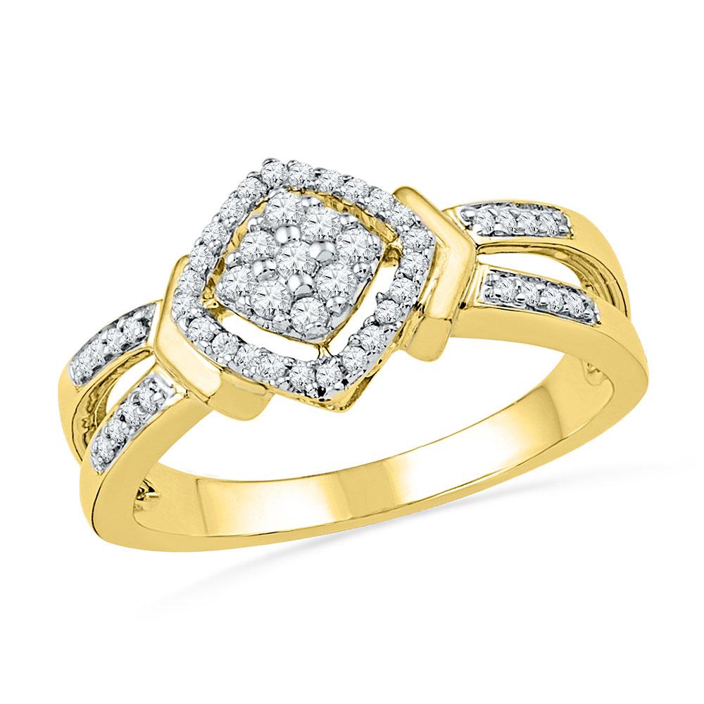 GND Diamond Cluster Ring 10kt Yellow Gold Womens Round Diamond Square Cluster Ring 1/4 Cttw