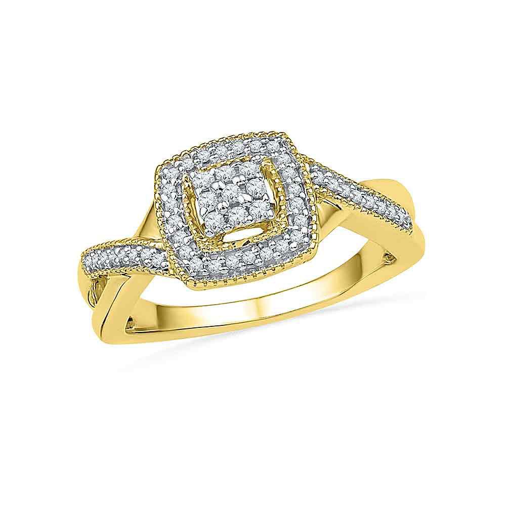 GND Diamond Cluster Ring 10kt Yellow Gold Womens Round Diamond Square Frame Cluster Twist Ring 1/5 Cttw