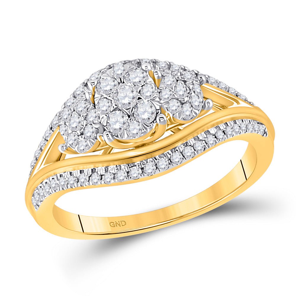 GND Diamond Cluster Ring 10kt Yellow Gold Womens Round Diamond Triple Cluster Ring 1/2 Cttw