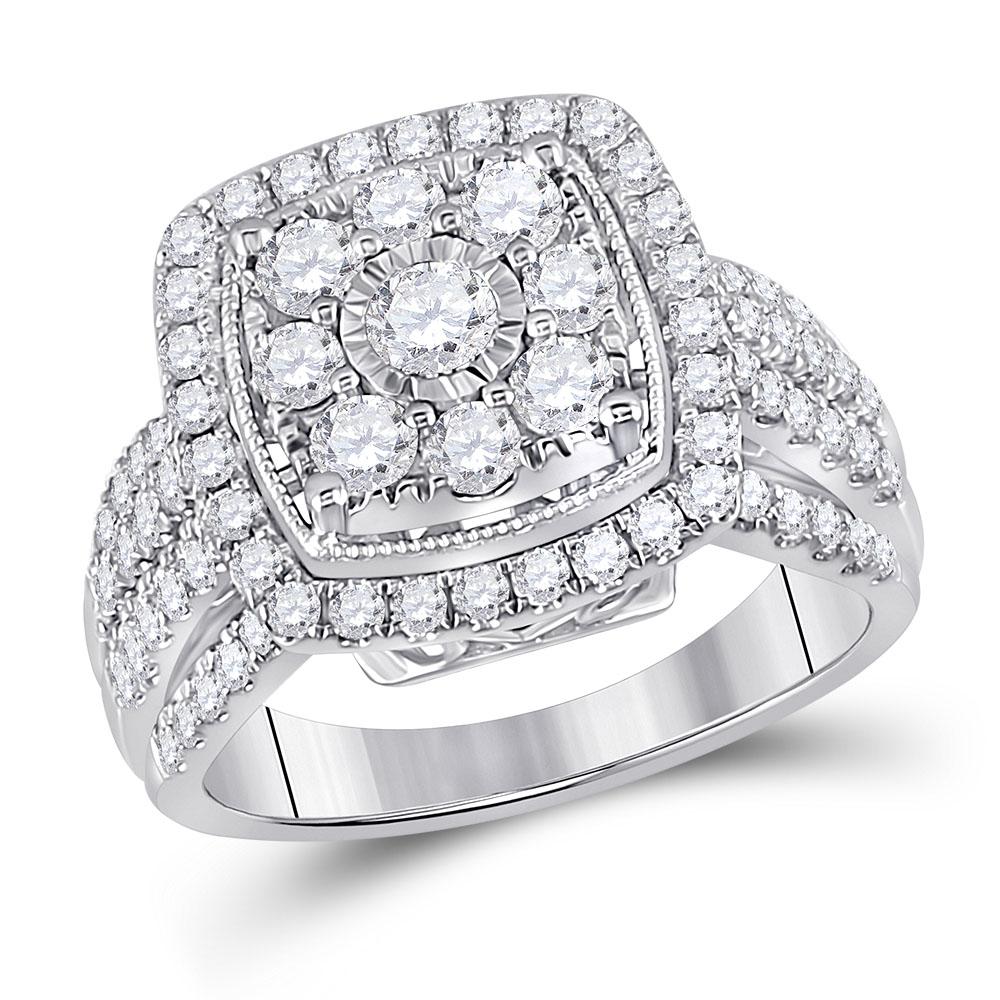 GND Diamond Cluster Ring 14kt White Gold Womens Round Diamond Right Hand Cluster Cushion Ring 1-1/2 Cttw