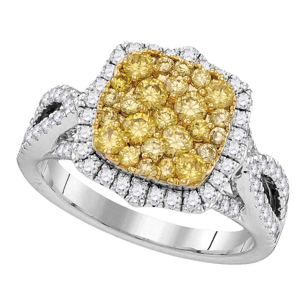 GND Diamond Cluster Ring 14kt White Gold Womens Round Yellow Diamond Canary Cluster Ring 1-1/2 Cttw