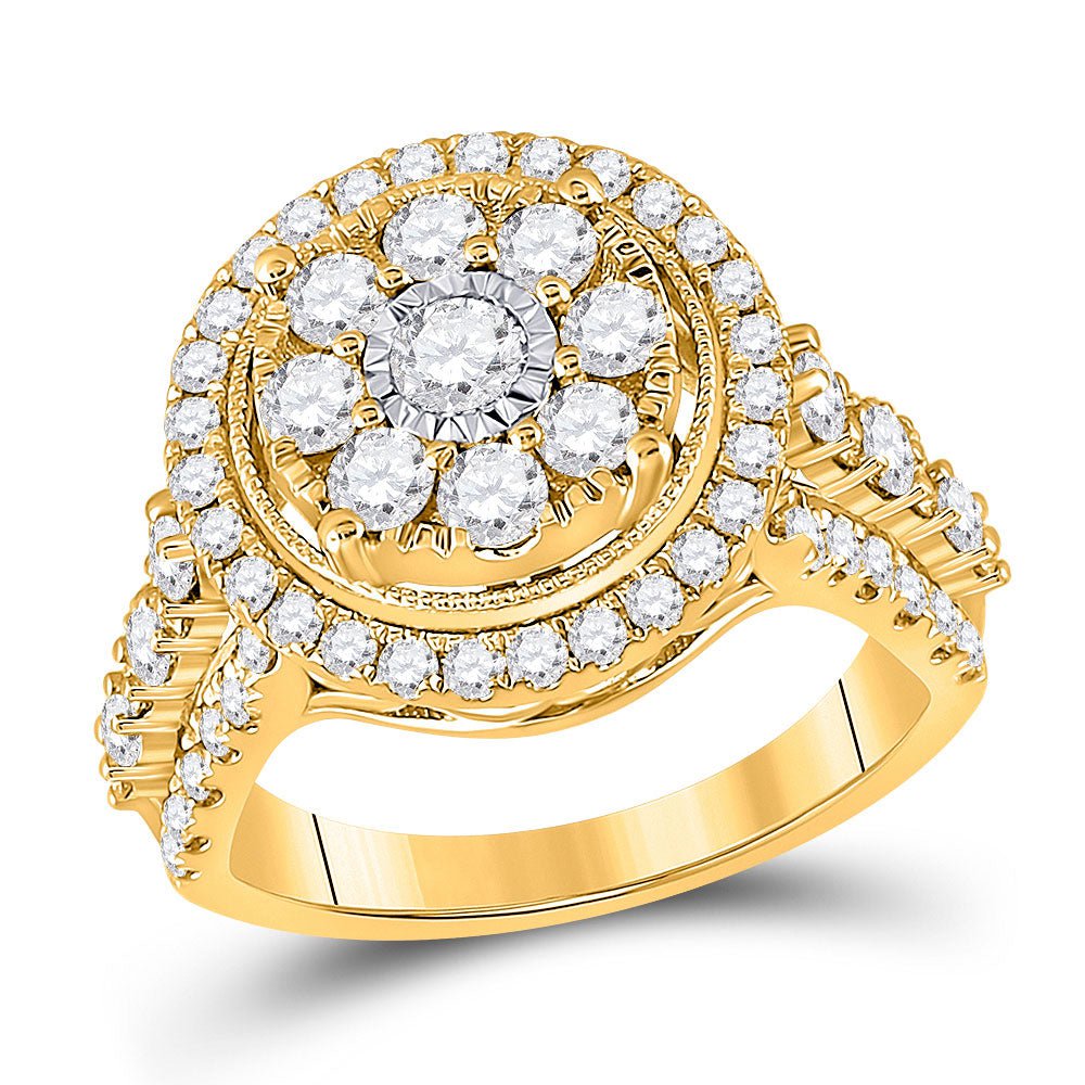 GND Diamond Cluster Ring 14kt Yellow Gold Womens Round Diamond Cluster Ring 1-3/4 Cttw