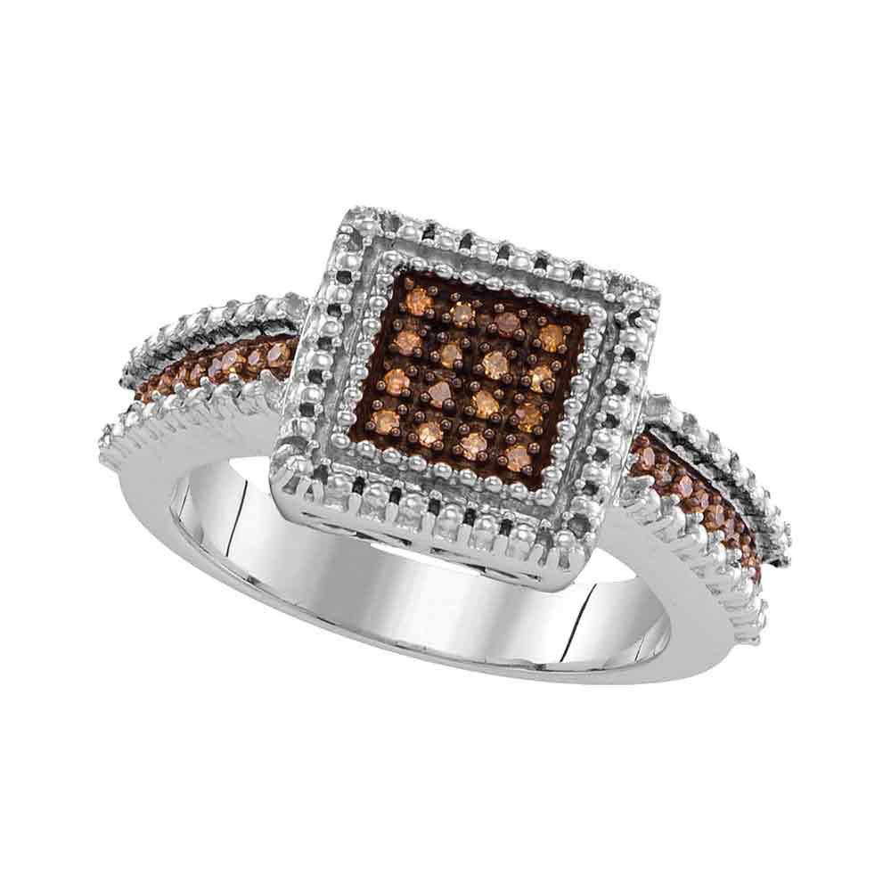 GND Diamond Cluster Ring Sterling Silver Womens Round Brown Diamond Square Cluster Ring 1/6 Cttw