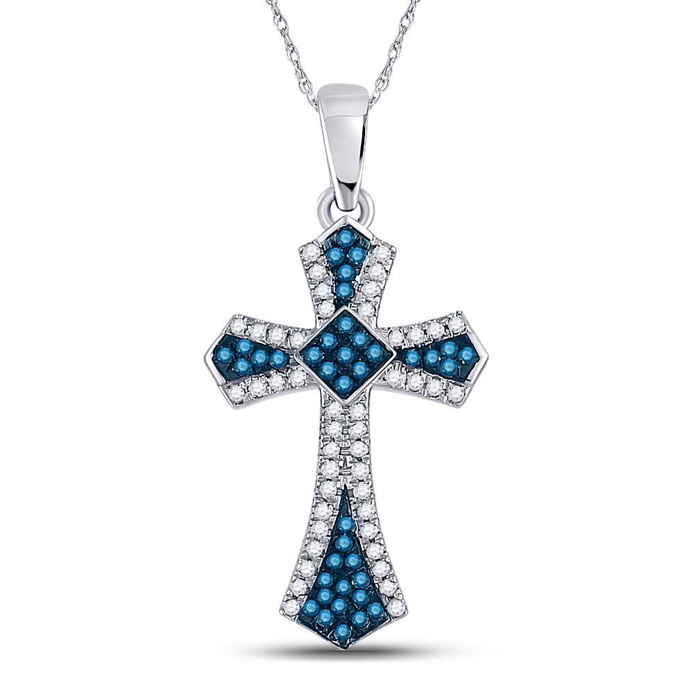 GND Diamond Cross Pendant 10k White Gold Blue Color Enhanced Diamond Womens Cross Crucifix Pendant 1/4 Cttw