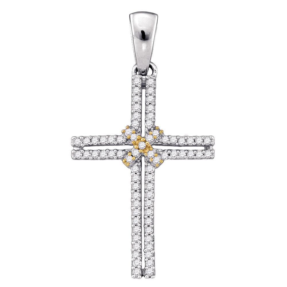 GND Diamond Cross Pendant 10kt Two-tone Gold Womens Round Diamond Bound Cross Religious Pendant 1/5 Cttw