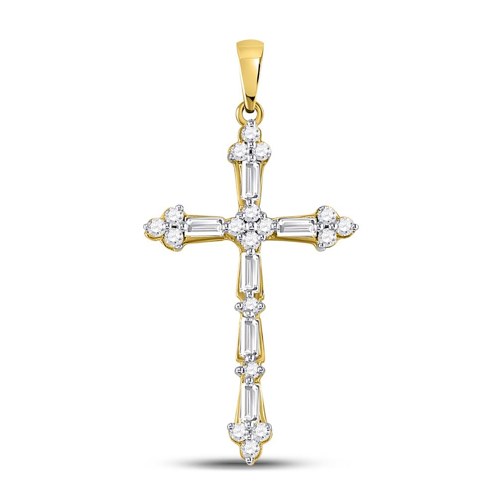 GND Diamond Cross Pendant 10kt Yellow Gold Womens Round Baguette Diamond Cross Pendant 1/2 Cttw