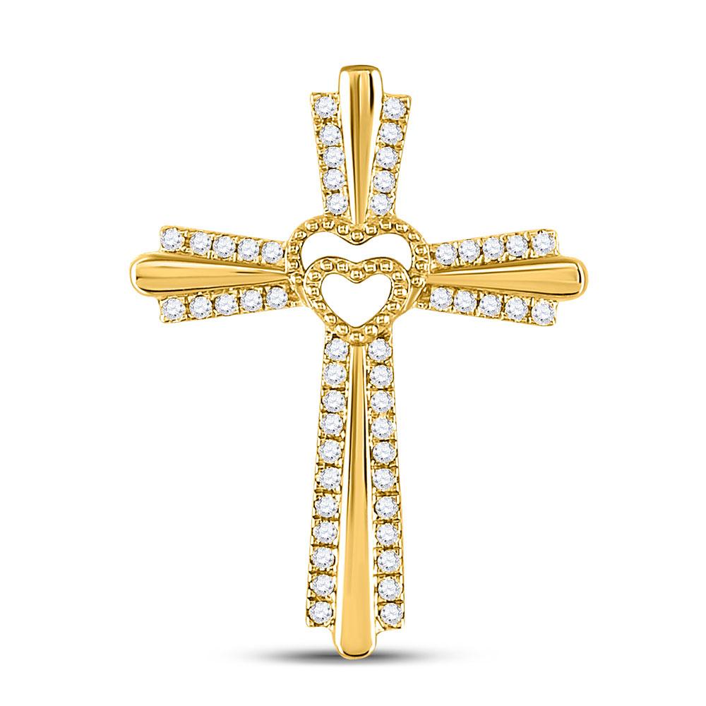 GND Diamond Cross Pendant 10kt Yellow Gold Womens Round Diamond Heart Cross Pendant 1/4 Cttw