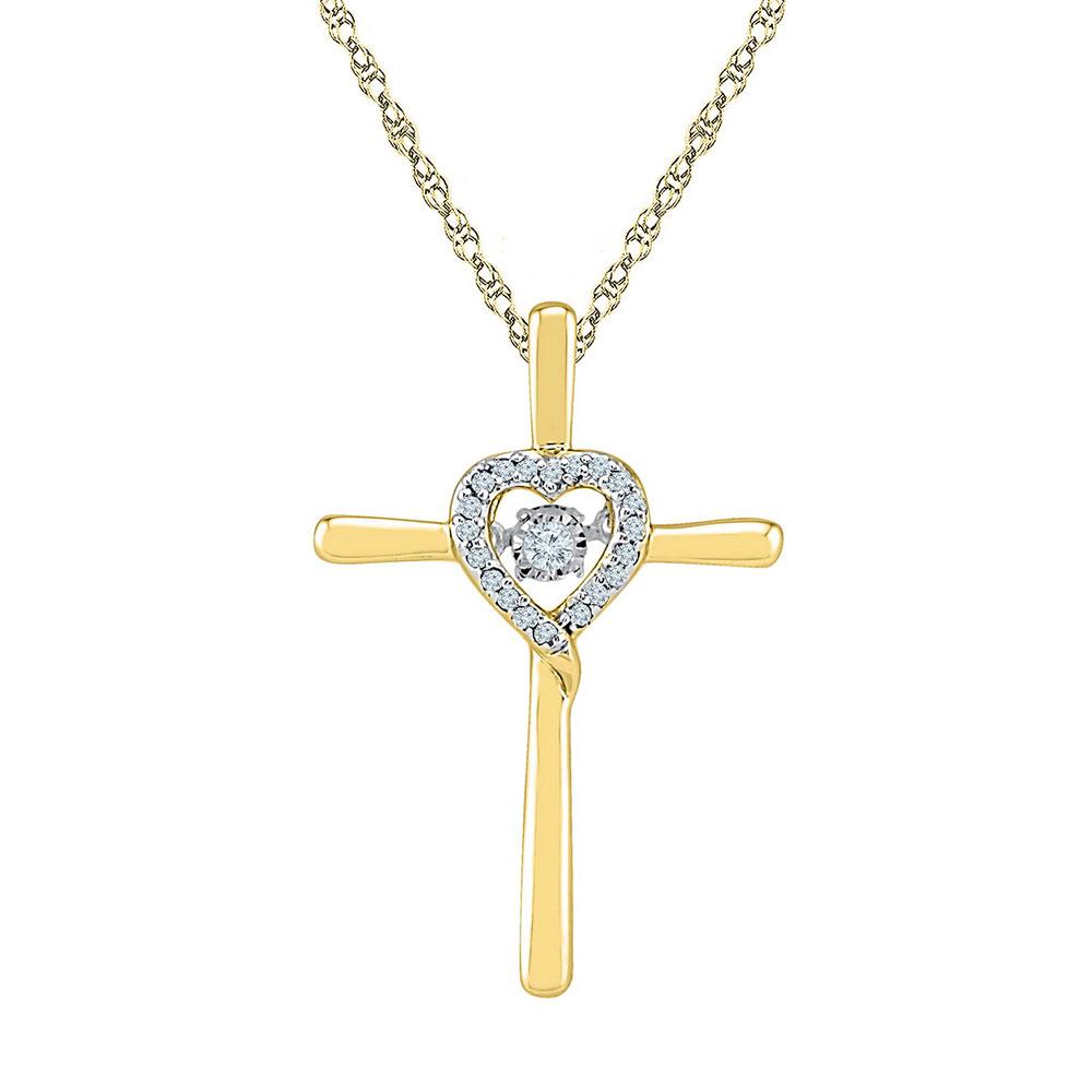 GND Diamond Cross Pendant 10kt Yellow Gold Womens Round Diamond Solitaire Cross Heart Religious Pendant 1/10 Cttw