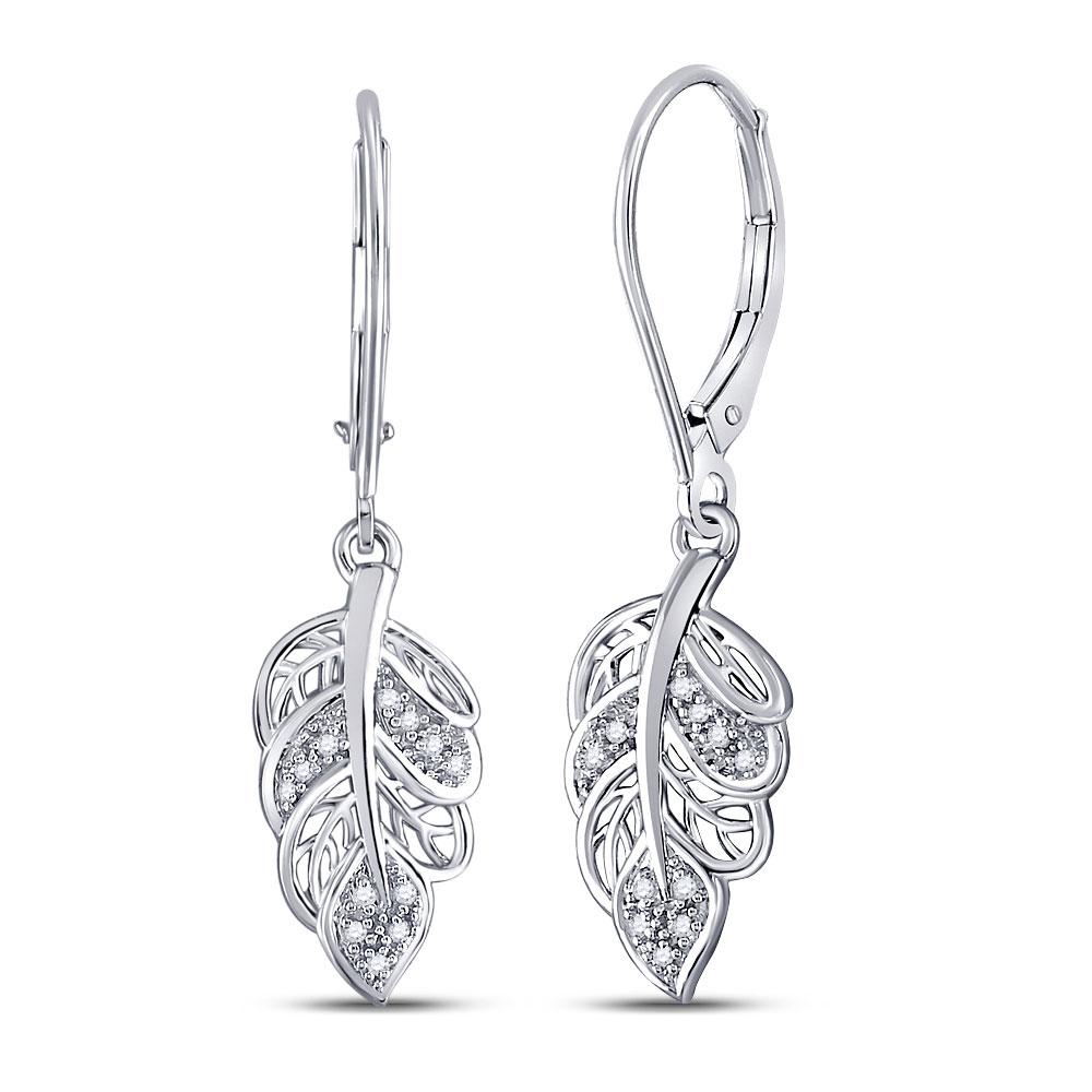 GND Diamond Dangle Earring 10kt White Gold Womens Round Diamond Dangle Leaf Leaves Wire Earrings 1/20 Cttw