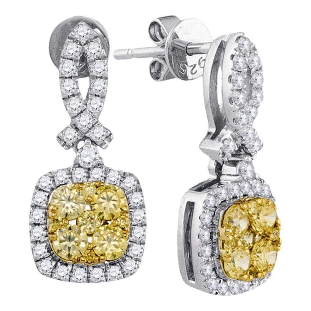 GND Diamond Dangle Earring 14kt White Gold Womens Round Yellow Diamond Square Dangle Earrings 1-1/4 Cttw